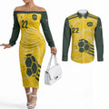 Australia Socceroos 2026 Custom Couples Matching Off The Shoulder Long Sleeve Dress and Long Sleeve Button Shirt Golden Sporty Style