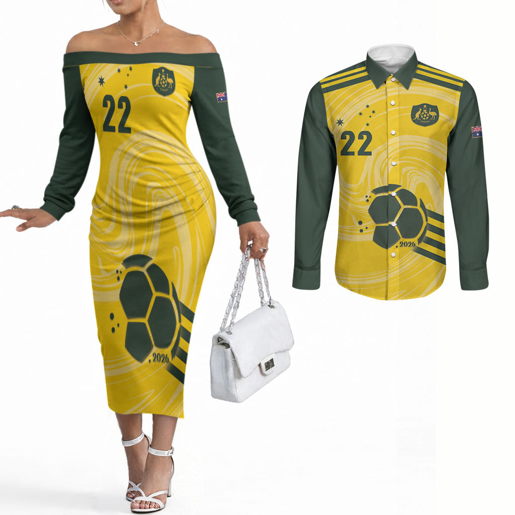 Australia Socceroos 2026 Custom Couples Matching Off The Shoulder Long Sleeve Dress and Long Sleeve Button Shirt Golden Sporty Style
