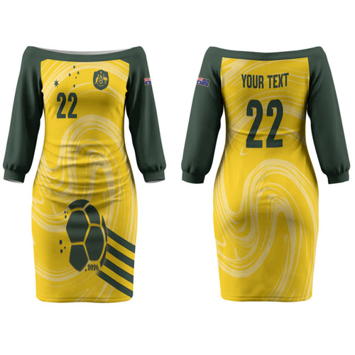 Australia Socceroos 2026 Custom Couples Matching Off The Shoulder Long Sleeve Dress and Long Sleeve Button Shirt Golden Sporty Style