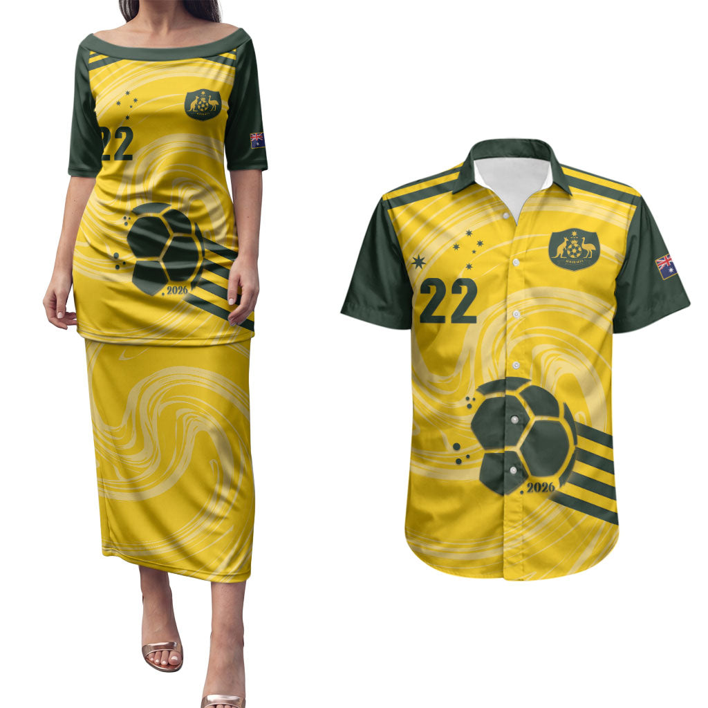 Australia Socceroos 2026 Custom Couples Matching Puletasi and Hawaiian Shirt Golden Sporty Style