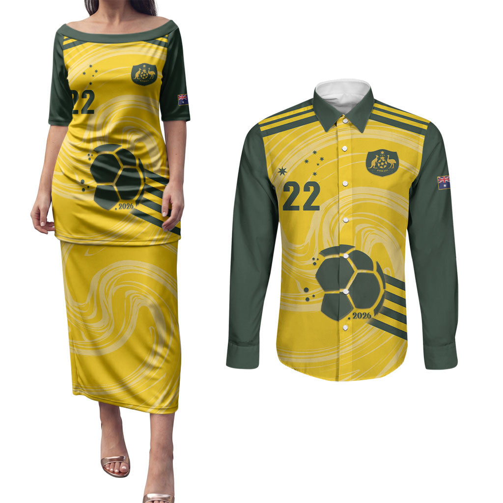 Australia Socceroos 2026 Custom Couples Matching Puletasi and Long Sleeve Button Shirt Golden Sporty Style