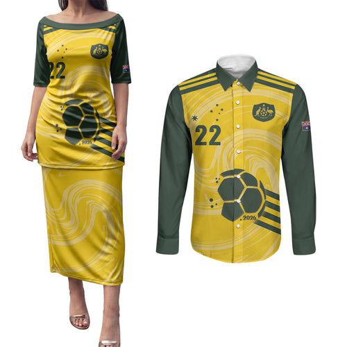 Australia Socceroos 2026 Custom Couples Matching Puletasi and Long Sleeve Button Shirt Golden Sporty Style
