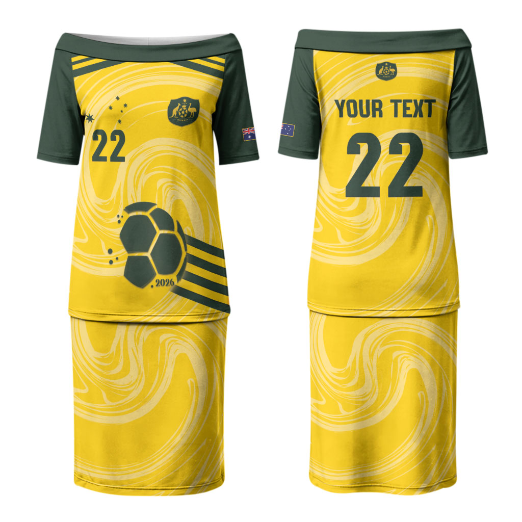 Australia Socceroos 2026 Custom Couples Matching Puletasi and Long Sleeve Button Shirt Golden Sporty Style