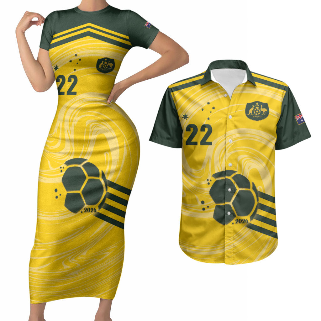 Australia Socceroos 2026 Custom Couples Matching Short Sleeve Bodycon Dress and Hawaiian Shirt Golden Sporty Style