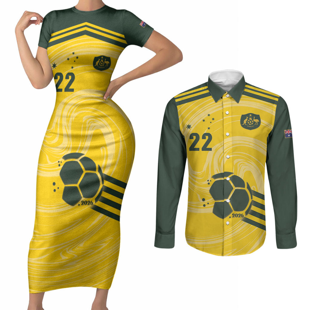 Australia Socceroos 2026 Custom Couples Matching Short Sleeve Bodycon Dress and Long Sleeve Button Shirt Golden Sporty Style