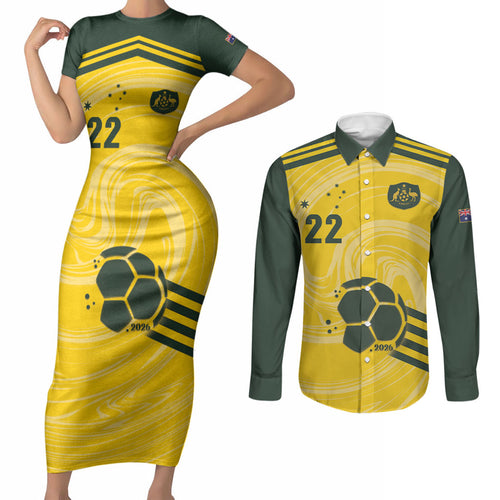 Australia Socceroos 2026 Custom Couples Matching Short Sleeve Bodycon Dress and Long Sleeve Button Shirt Golden Sporty Style