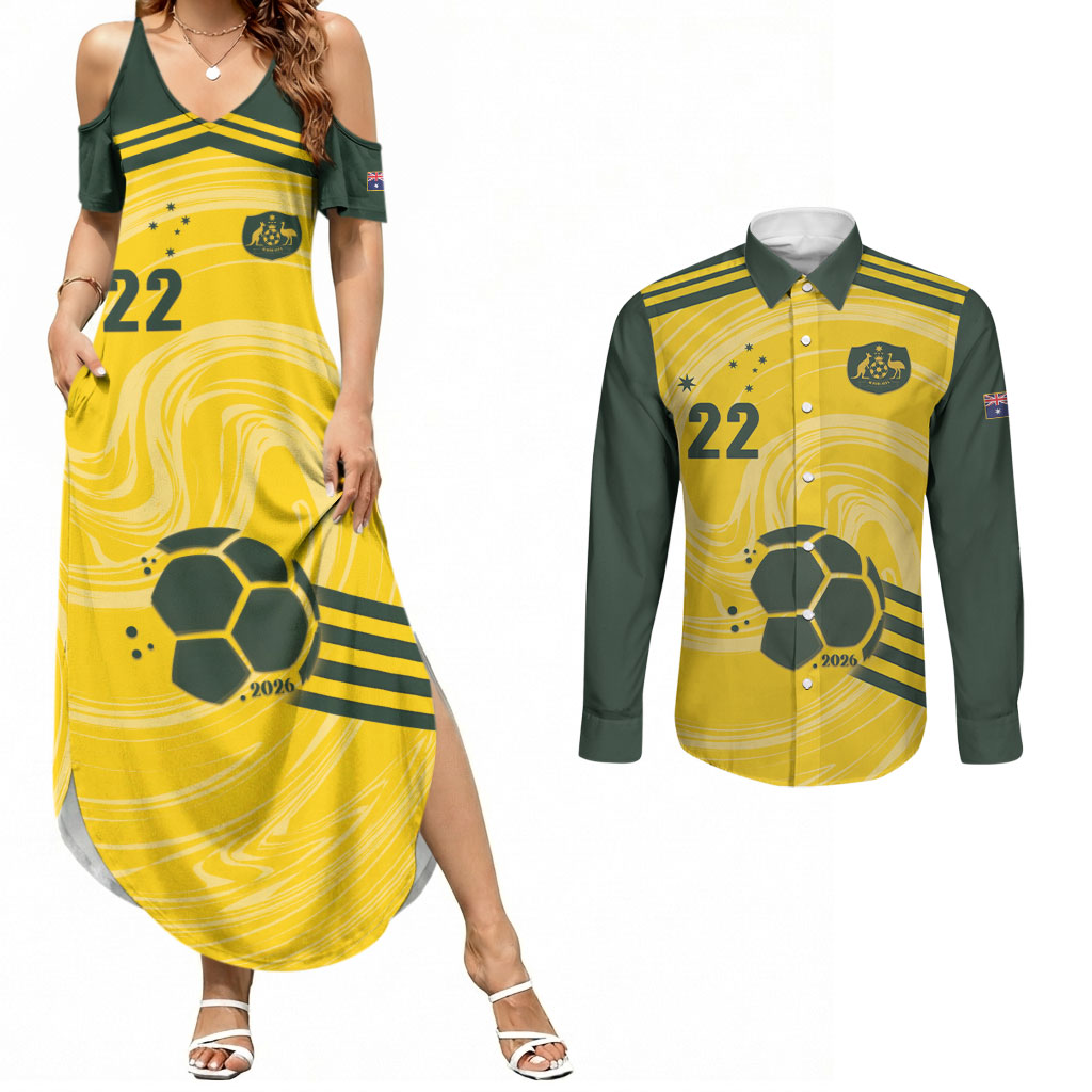 Australia Socceroos 2026 Custom Couples Matching Summer Maxi Dress and Long Sleeve Button Shirt Golden Sporty Style
