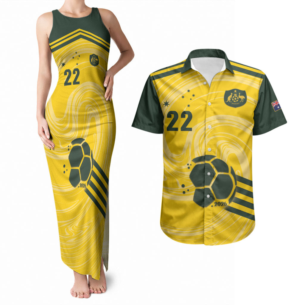 Australia Socceroos 2026 Custom Couples Matching Tank Maxi Dress and Hawaiian Shirt Golden Sporty Style