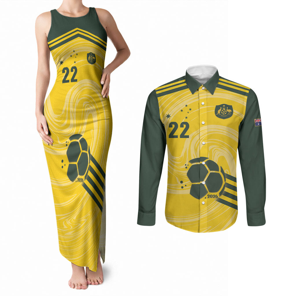Australia Socceroos 2026 Custom Couples Matching Tank Maxi Dress and Long Sleeve Button Shirt Golden Sporty Style