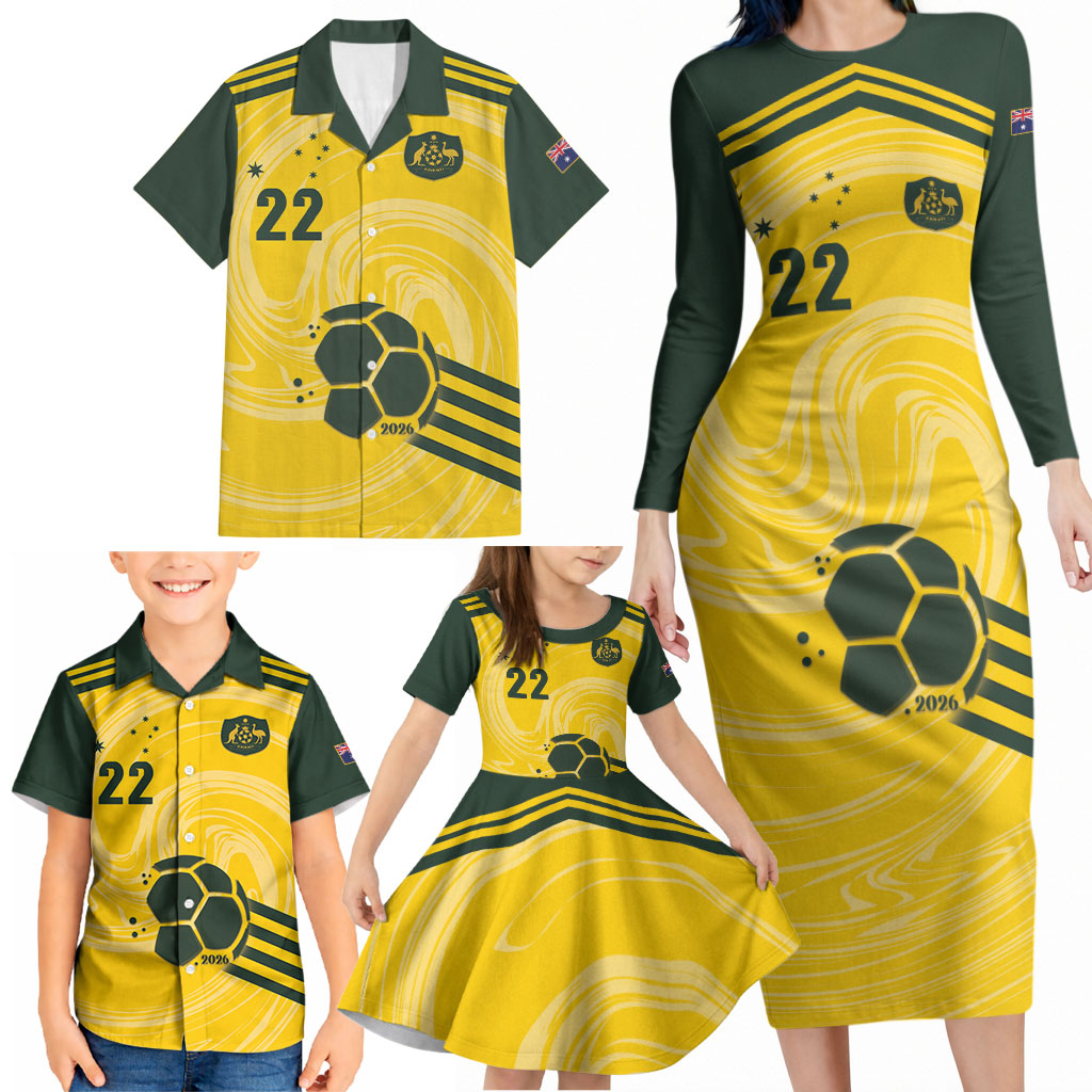 Australia Socceroos 2026 Custom Family Matching Long Sleeve Bodycon Dress and Hawaiian Shirt Golden Sporty Style