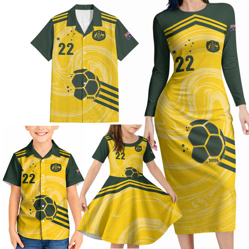 Australia Socceroos 2026 Custom Family Matching Long Sleeve Bodycon Dress and Hawaiian Shirt Golden Sporty Style
