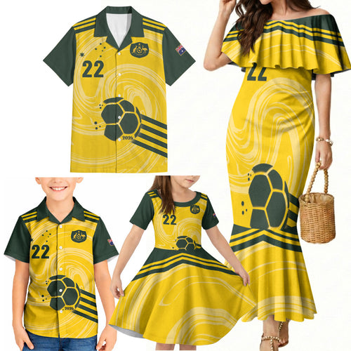 Australia Socceroos 2026 Custom Family Matching Mermaid Dress and Hawaiian Shirt Golden Sporty Style