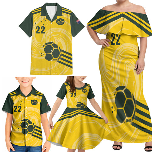 Australia Socceroos 2026 Custom Family Matching Off Shoulder Maxi Dress and Hawaiian Shirt Golden Sporty Style
