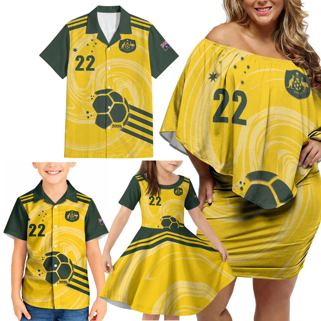 Australia Socceroos 2026 Custom Family Matching Off Shoulder Short Dress and Hawaiian Shirt Golden Sporty Style