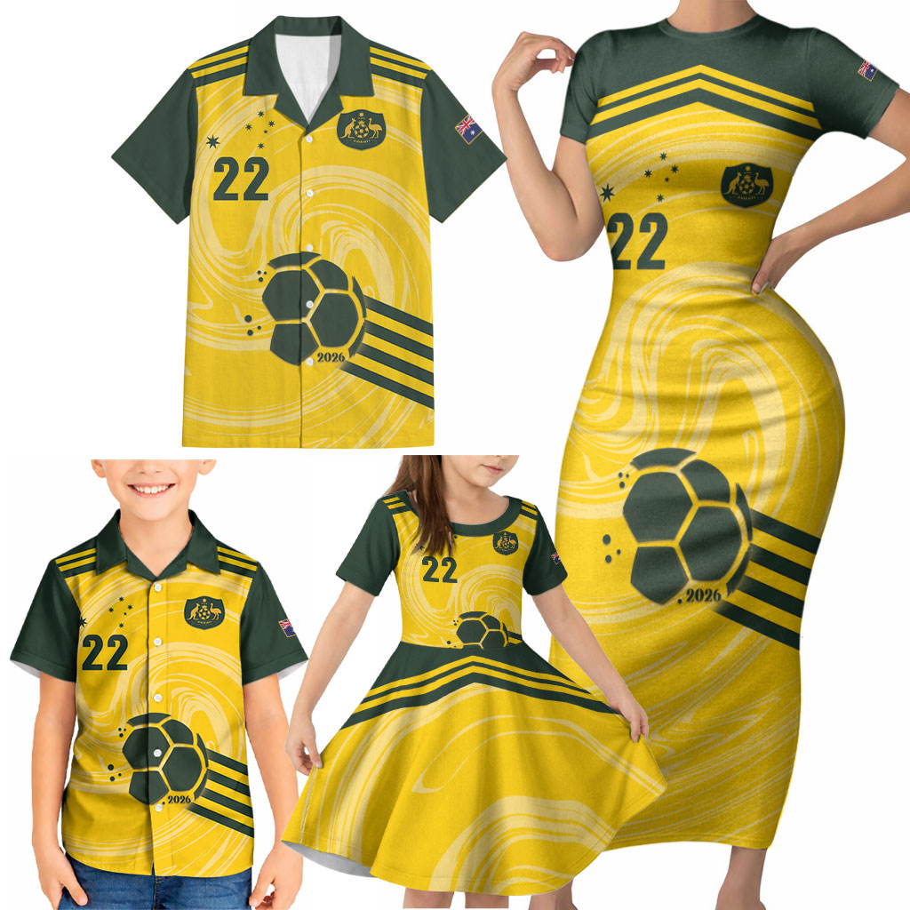 Australia Socceroos 2026 Custom Family Matching Short Sleeve Bodycon Dress and Hawaiian Shirt Golden Sporty Style