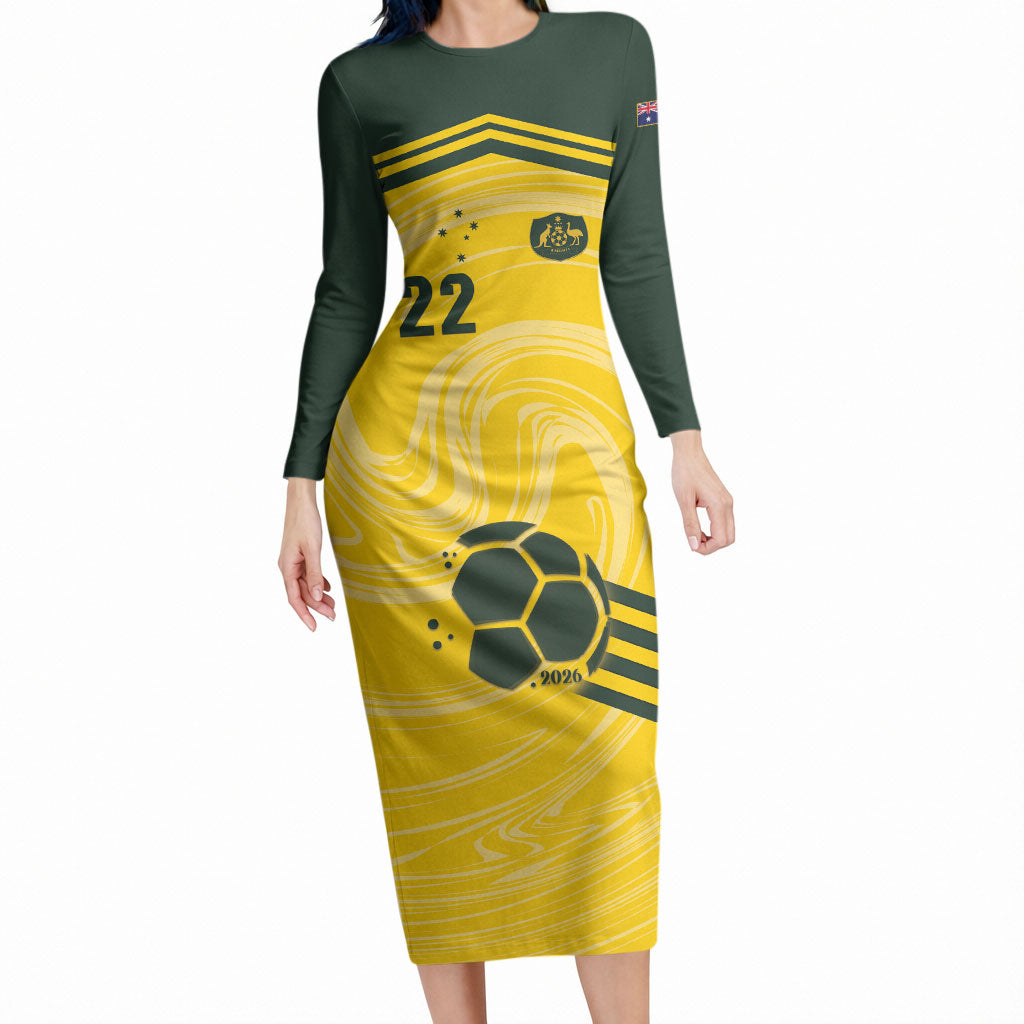Australia Socceroos 2026 Custom Long Sleeve Bodycon Dress Golden Sporty Style