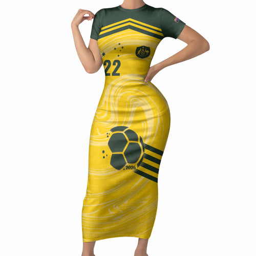 Australia Socceroos 2026 Custom Short Sleeve Bodycon Dress Golden Sporty Style