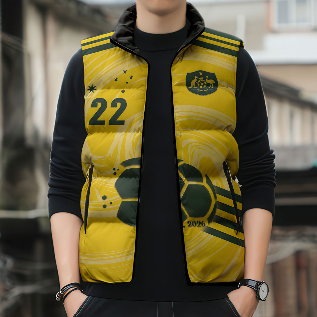 Australia Socceroos 2026 Custom Sleeveless Puffer Jacket Golden Sporty Style