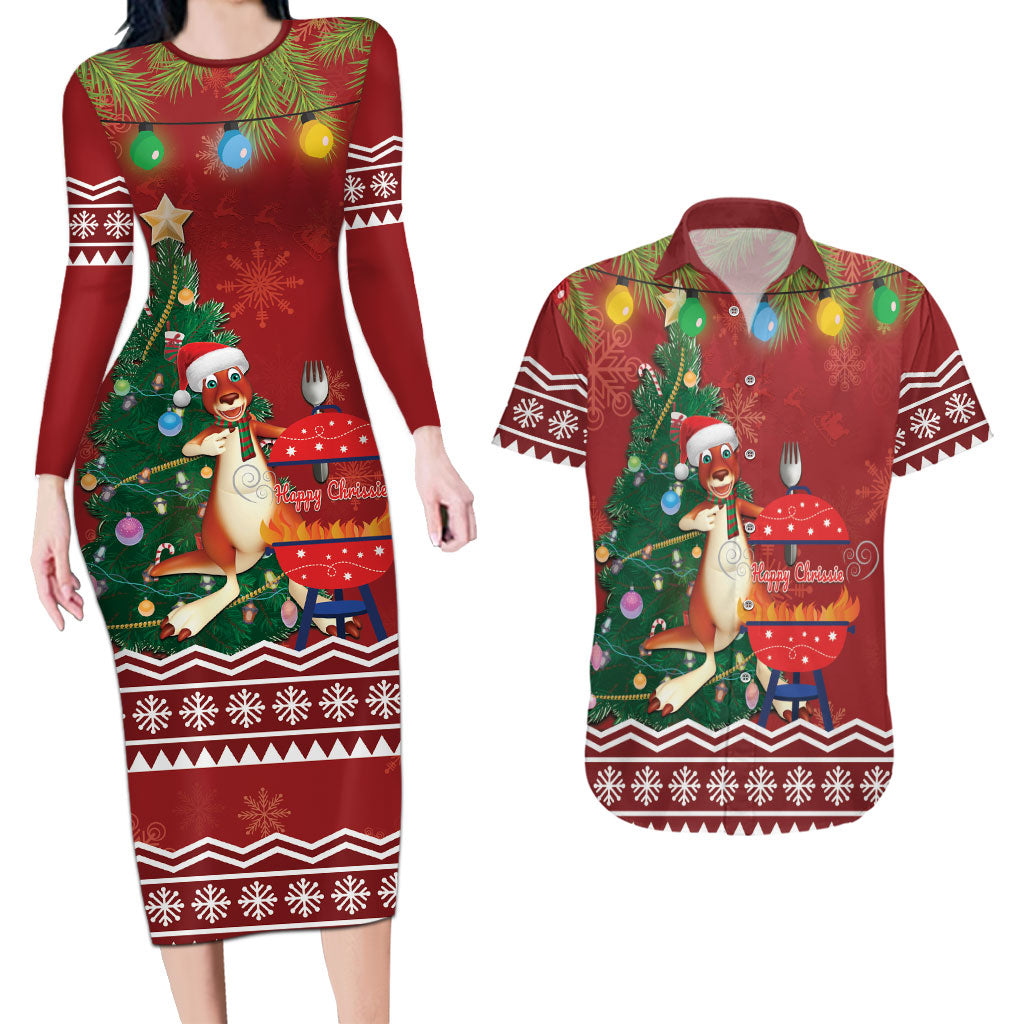 Australia Christmas In July Couples Matching Long Sleeve Bodycon Dress and Hawaiian Shirt Happy Chrissie Kangaroo Barbie