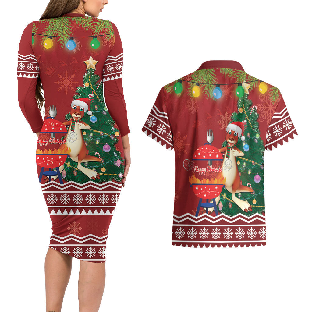 Australia Christmas In July Couples Matching Long Sleeve Bodycon Dress and Hawaiian Shirt Happy Chrissie Kangaroo Barbie