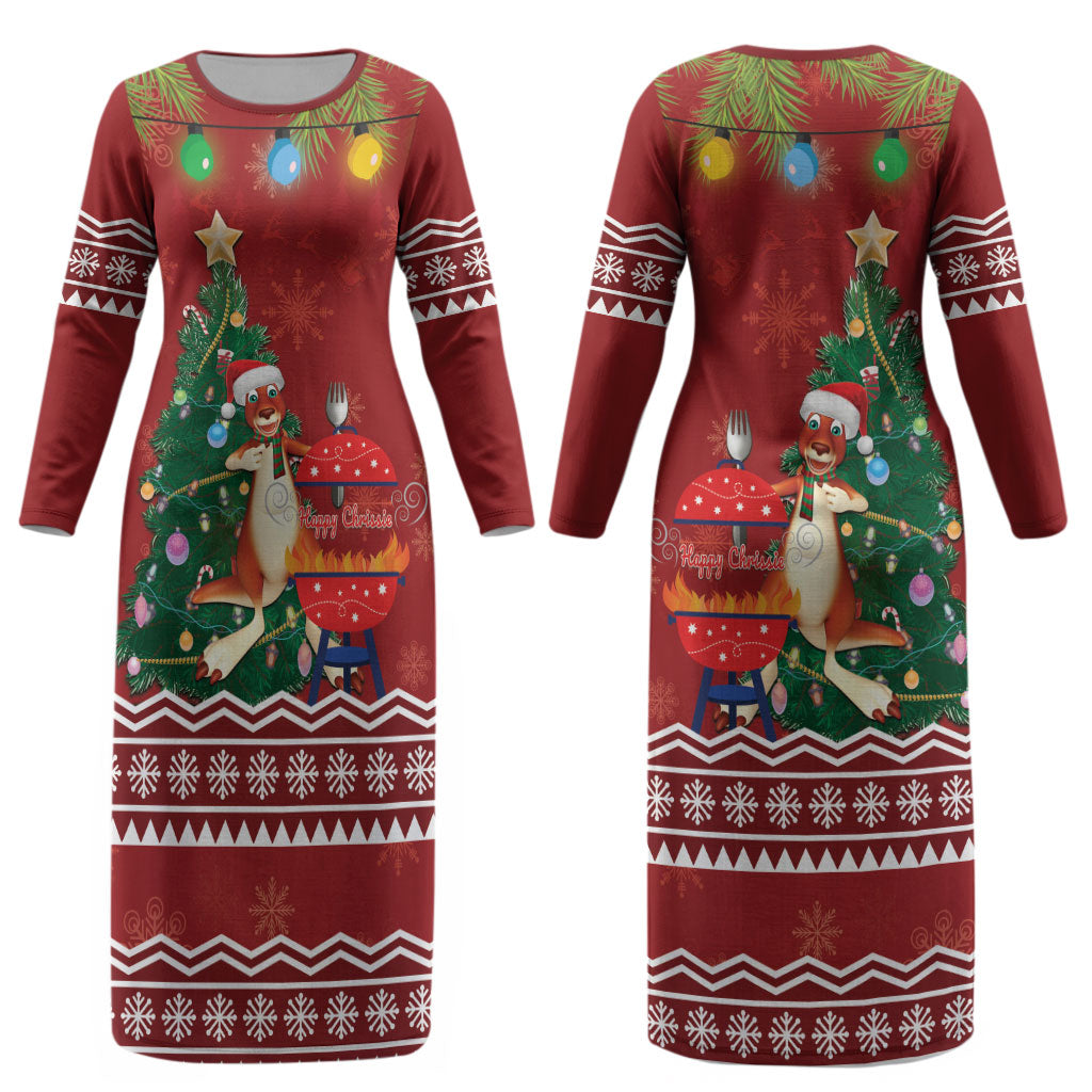 Australia Christmas In July Couples Matching Long Sleeve Bodycon Dress and Hawaiian Shirt Happy Chrissie Kangaroo Barbie LT22