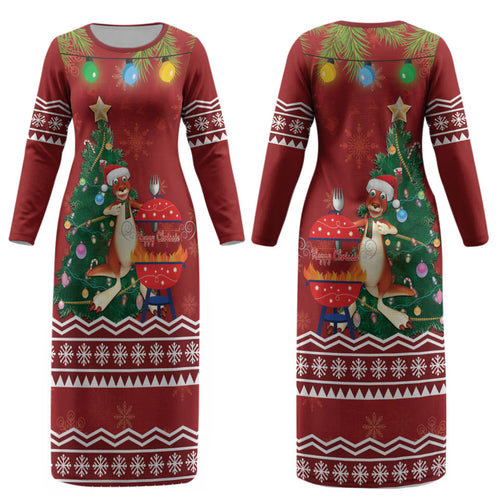 Australia Christmas In July Couples Matching Long Sleeve Bodycon Dress and Hawaiian Shirt Happy Chrissie Kangaroo Barbie LT22