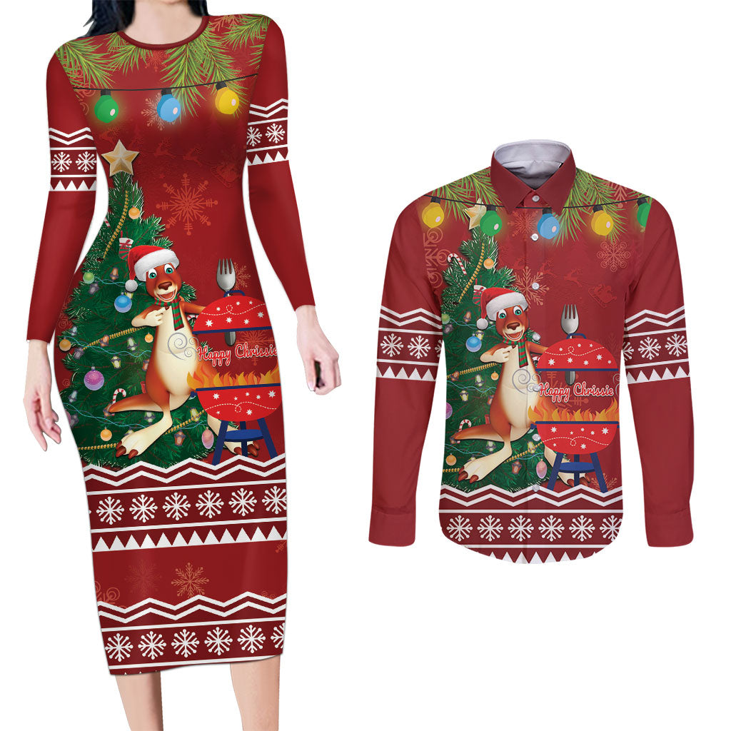 Australia Christmas In July Couples Matching Long Sleeve Bodycon Dress and Long Sleeve Button Shirt Happy Chrissie Kangaroo Barbie