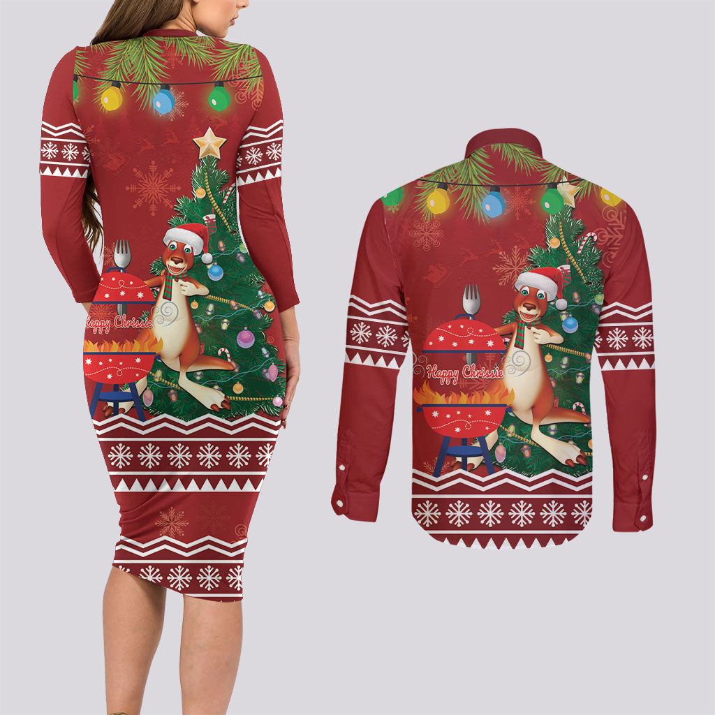 Australia Christmas In July Couples Matching Long Sleeve Bodycon Dress and Long Sleeve Button Shirt Happy Chrissie Kangaroo Barbie