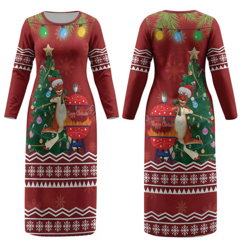 Australia Christmas In July Couples Matching Long Sleeve Bodycon Dress and Long Sleeve Button Shirt Happy Chrissie Kangaroo Barbie LT22