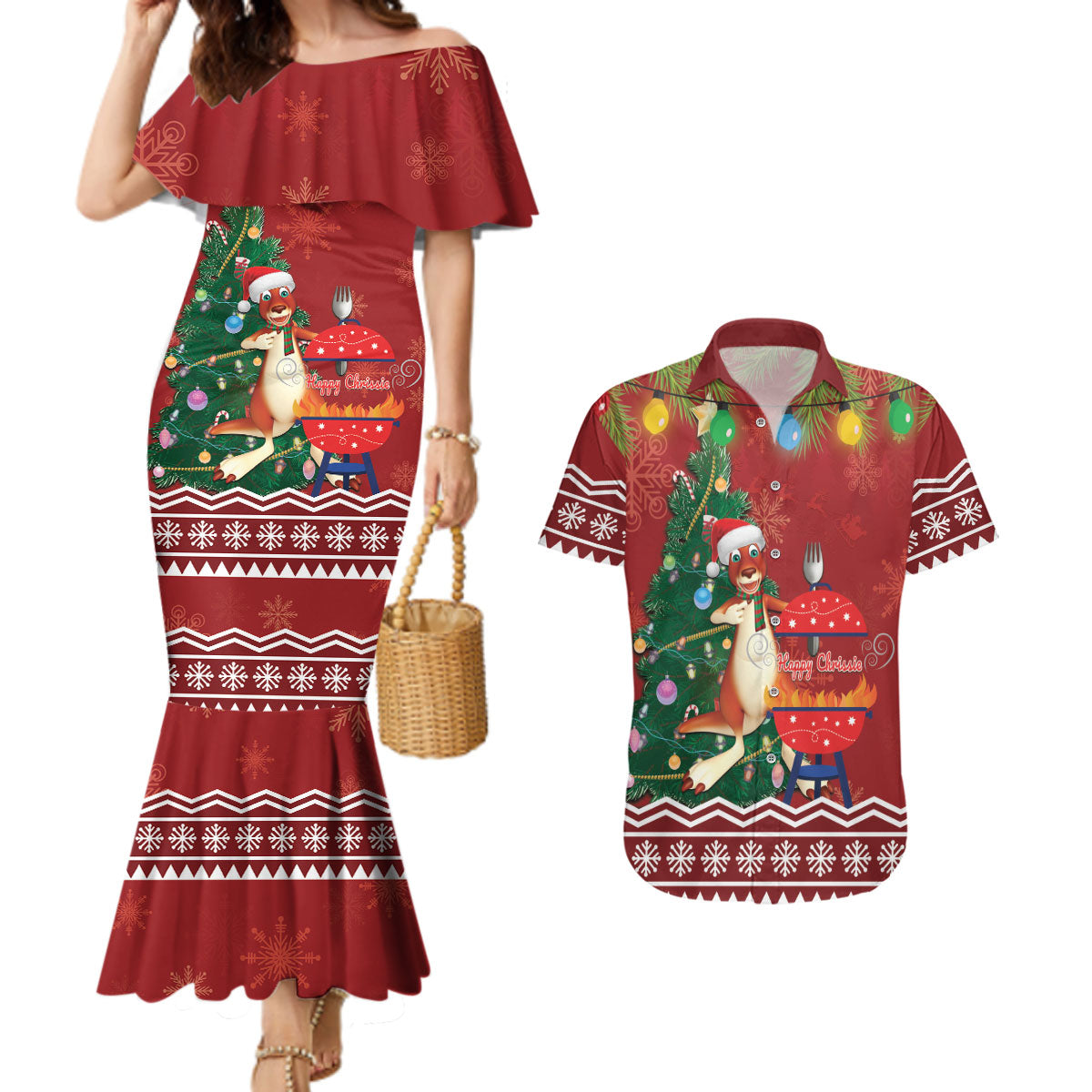 Australia Christmas In July Couples Matching Mermaid Dress and Hawaiian Shirt Happy Chrissie Kangaroo Barbie