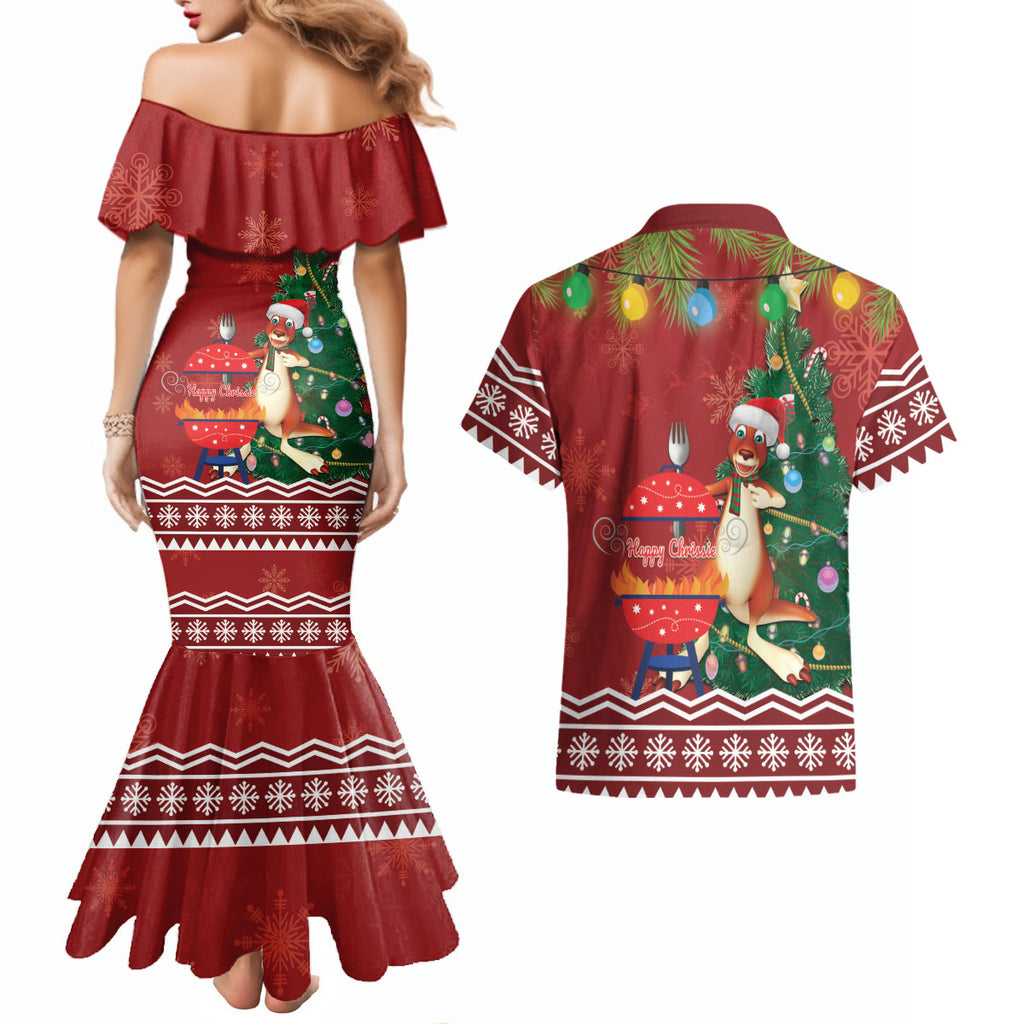 Australia Christmas In July Couples Matching Mermaid Dress and Hawaiian Shirt Happy Chrissie Kangaroo Barbie