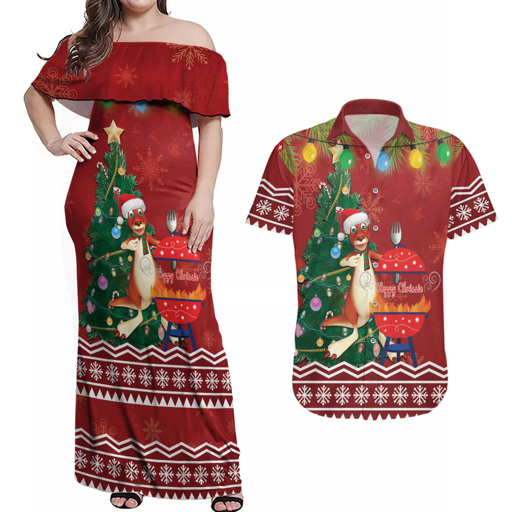 Australia Christmas In July Couples Matching Off Shoulder Maxi Dress and Hawaiian Shirt Happy Chrissie Kangaroo Barbie