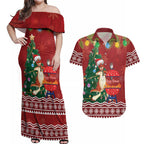 Australia Christmas In July Couples Matching Off Shoulder Maxi Dress and Hawaiian Shirt Happy Chrissie Kangaroo Barbie