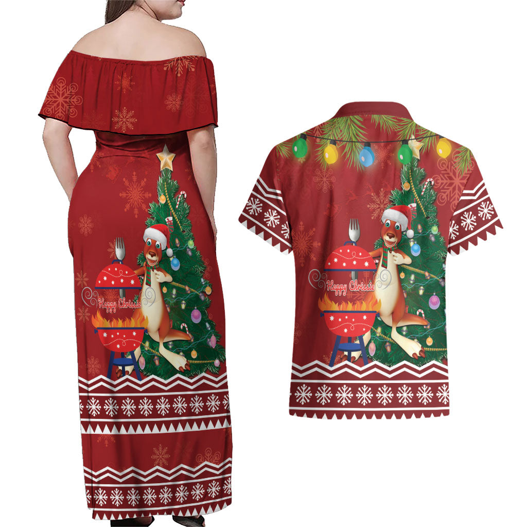 Australia Christmas In July Couples Matching Off Shoulder Maxi Dress and Hawaiian Shirt Happy Chrissie Kangaroo Barbie