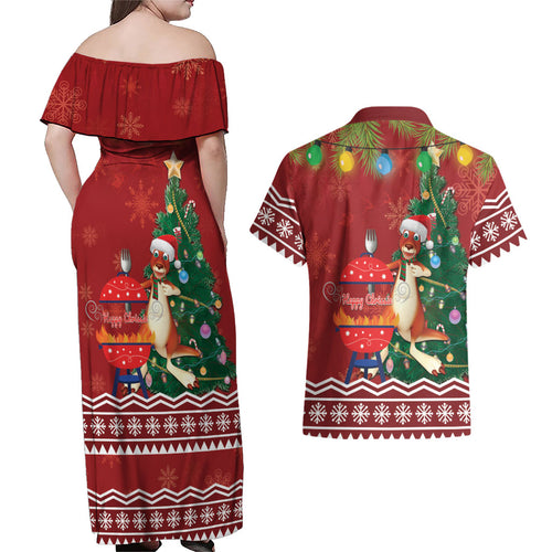 Australia Christmas In July Couples Matching Off Shoulder Maxi Dress and Hawaiian Shirt Happy Chrissie Kangaroo Barbie