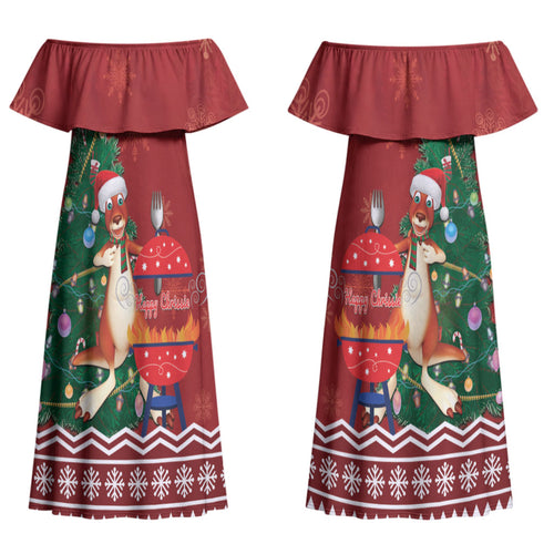 Australia Christmas In July Couples Matching Off Shoulder Maxi Dress and Hawaiian Shirt Happy Chrissie Kangaroo Barbie LT22
