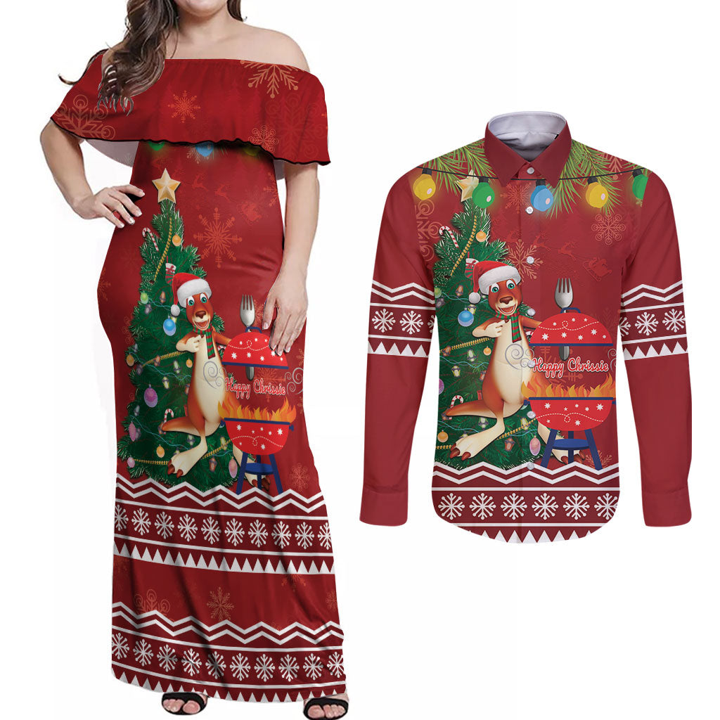 Australia Christmas In July Couples Matching Off Shoulder Maxi Dress and Long Sleeve Button Shirt Happy Chrissie Kangaroo Barbie