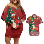 Australia Christmas In July Couples Matching Off Shoulder Short Dress and Hawaiian Shirt Happy Chrissie Kangaroo Barbie