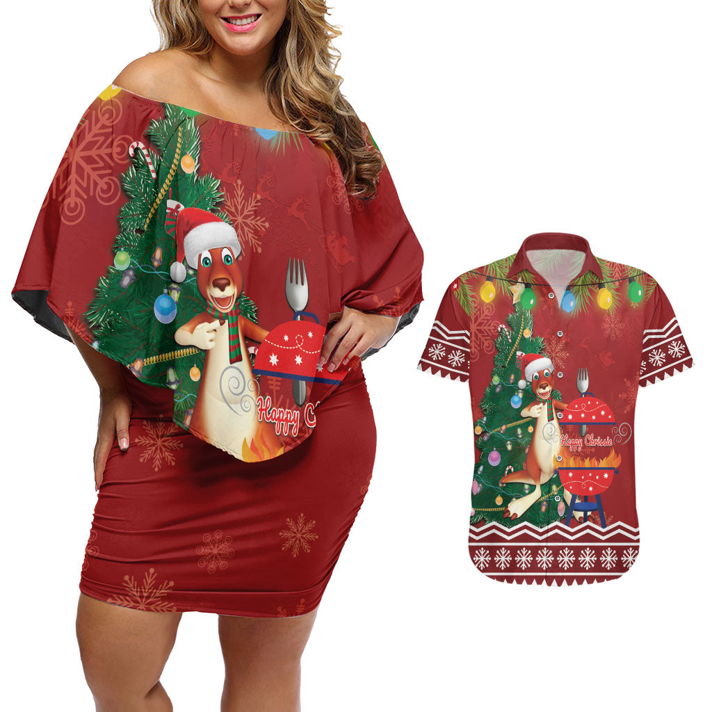 Australia Christmas In July Couples Matching Off Shoulder Short Dress and Hawaiian Shirt Happy Chrissie Kangaroo Barbie