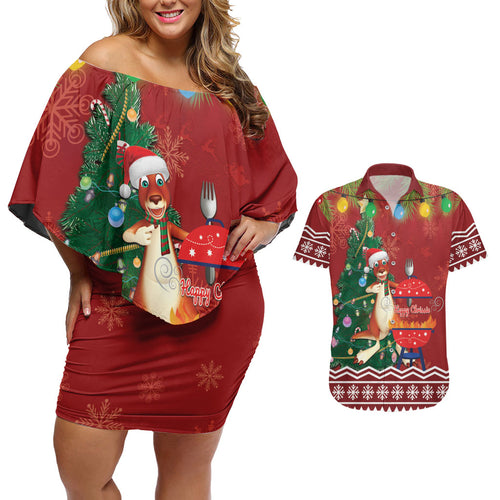 Australia Christmas In July Couples Matching Off Shoulder Short Dress and Hawaiian Shirt Happy Chrissie Kangaroo Barbie