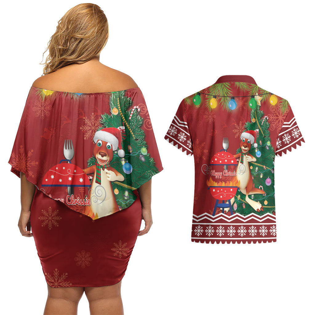Australia Christmas In July Couples Matching Off Shoulder Short Dress and Hawaiian Shirt Happy Chrissie Kangaroo Barbie