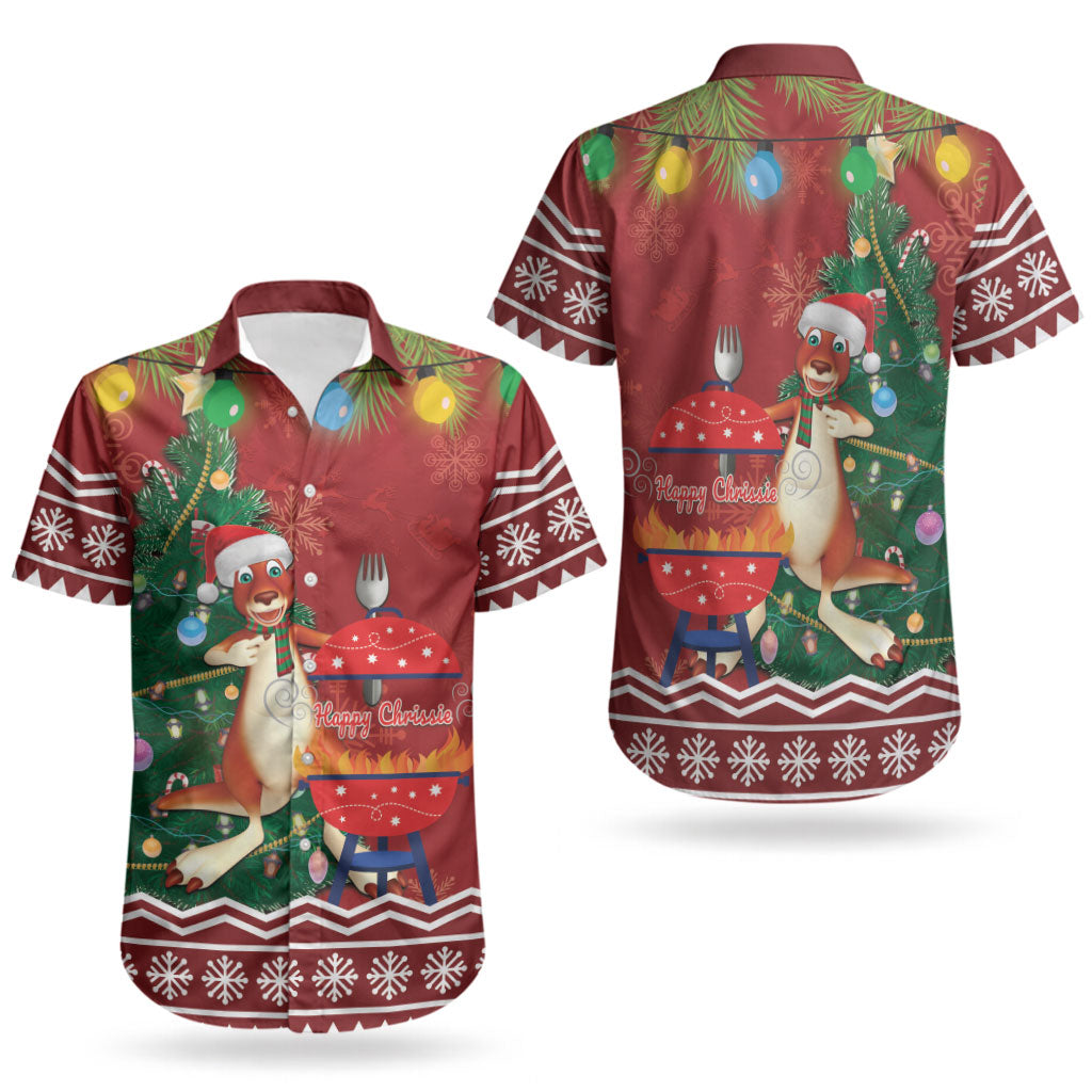 Australia Christmas In July Couples Matching Off Shoulder Short Dress and Hawaiian Shirt Happy Chrissie Kangaroo Barbie LT22