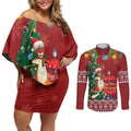 Australia Christmas In July Couples Matching Off Shoulder Short Dress and Long Sleeve Button Shirt Happy Chrissie Kangaroo Barbie