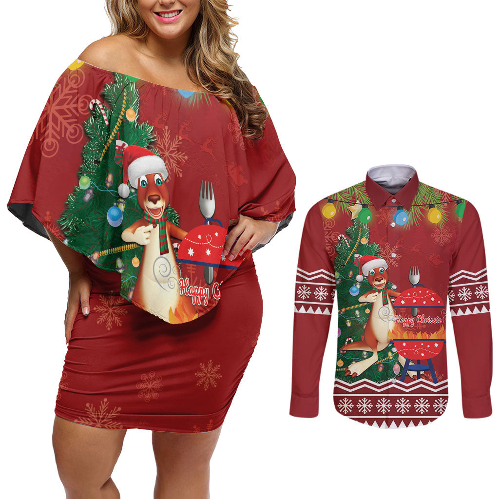 Australia Christmas In July Couples Matching Off Shoulder Short Dress and Long Sleeve Button Shirt Happy Chrissie Kangaroo Barbie