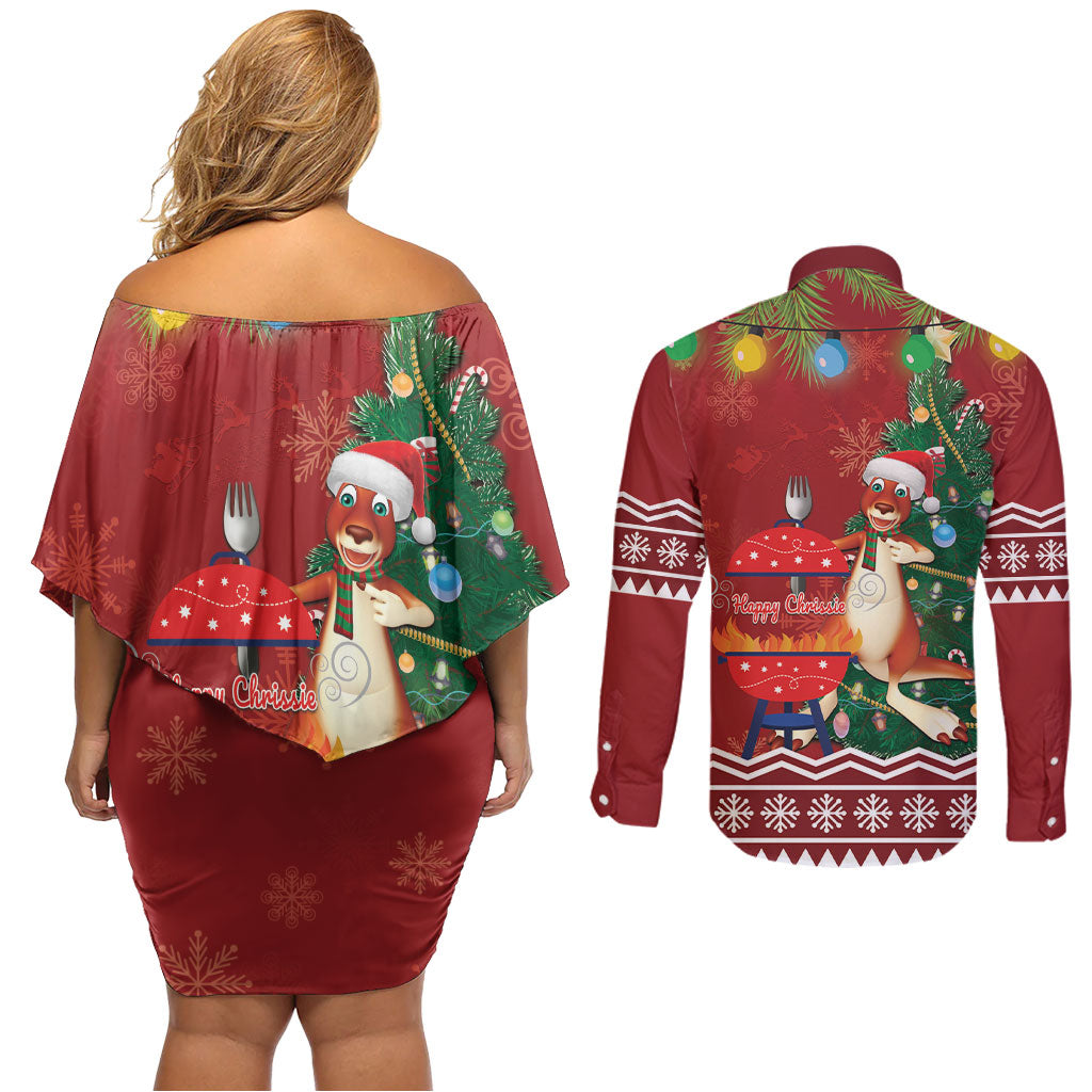 Australia Christmas In July Couples Matching Off Shoulder Short Dress and Long Sleeve Button Shirt Happy Chrissie Kangaroo Barbie