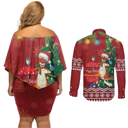 Australia Christmas In July Couples Matching Off Shoulder Short Dress and Long Sleeve Button Shirt Happy Chrissie Kangaroo Barbie