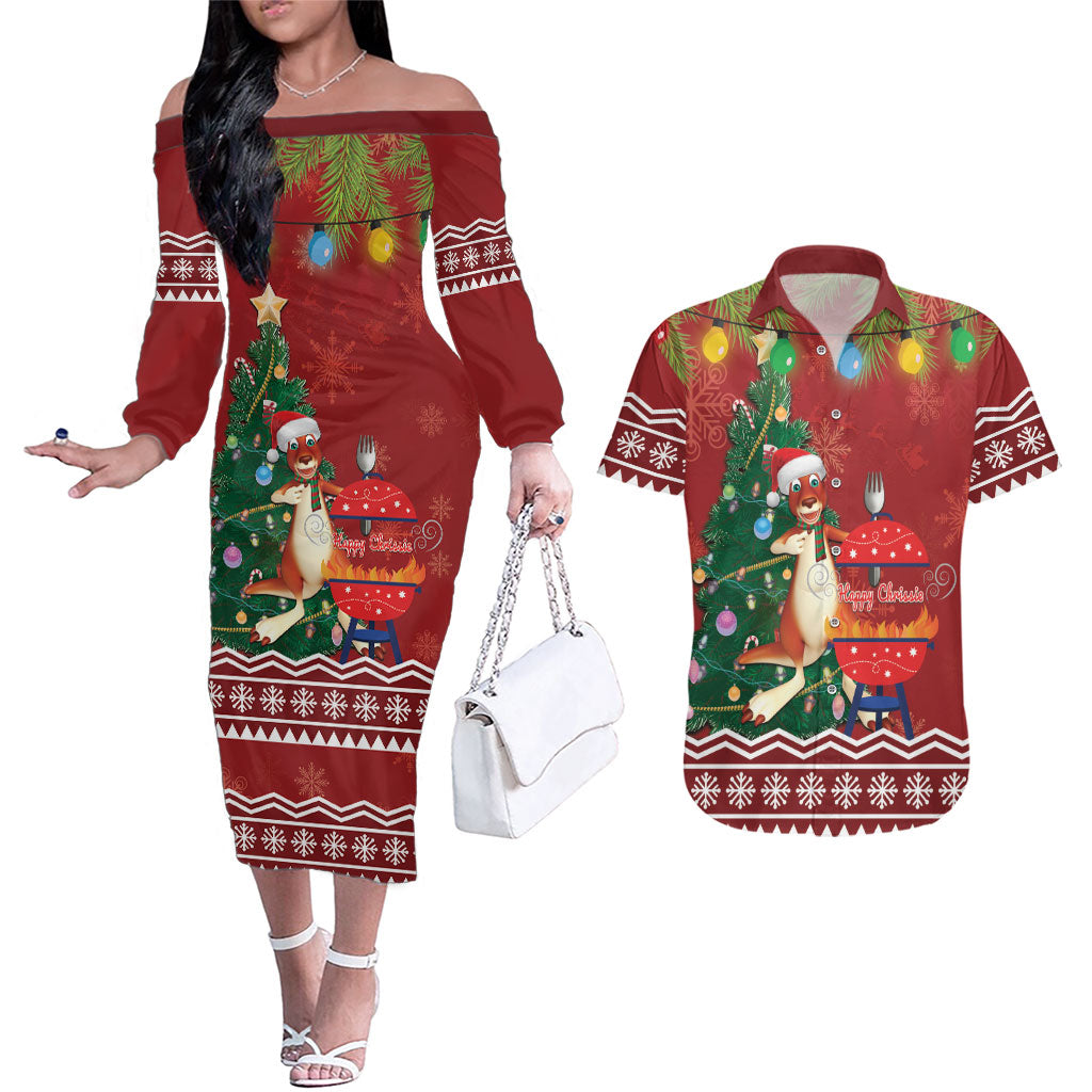 Australia Christmas In July Couples Matching Off The Shoulder Long Sleeve Dress and Hawaiian Shirt Happy Chrissie Kangaroo Barbie