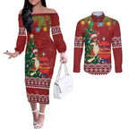 Australia Christmas In July Couples Matching Off The Shoulder Long Sleeve Dress and Long Sleeve Button Shirt Happy Chrissie Kangaroo Barbie
