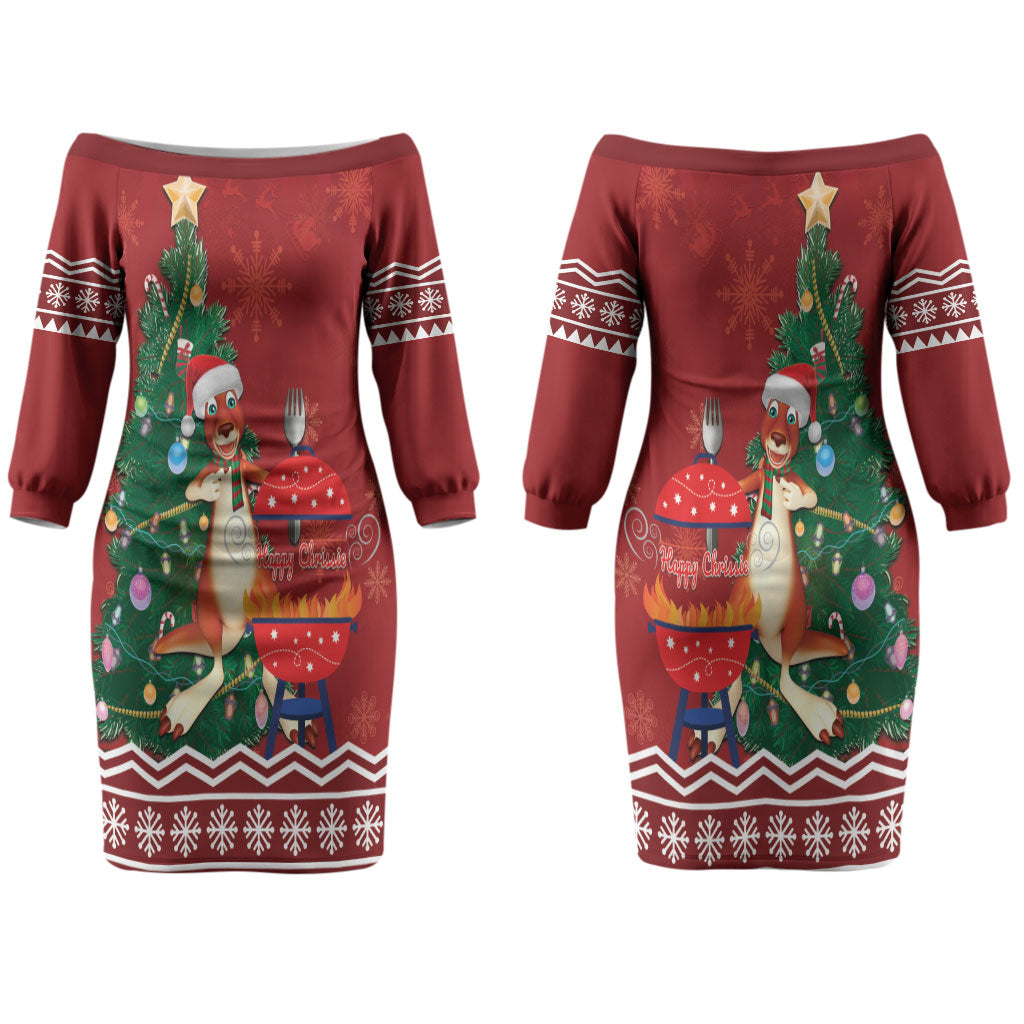 Australia Christmas In July Couples Matching Off The Shoulder Long Sleeve Dress and Long Sleeve Button Shirt Happy Chrissie Kangaroo Barbie LT22