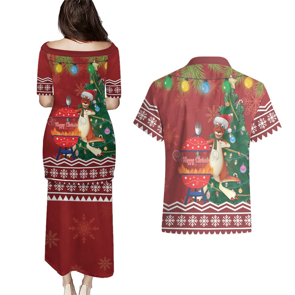 Australia Christmas In July Couples Matching Puletasi and Hawaiian Shirt Happy Chrissie Kangaroo Barbie